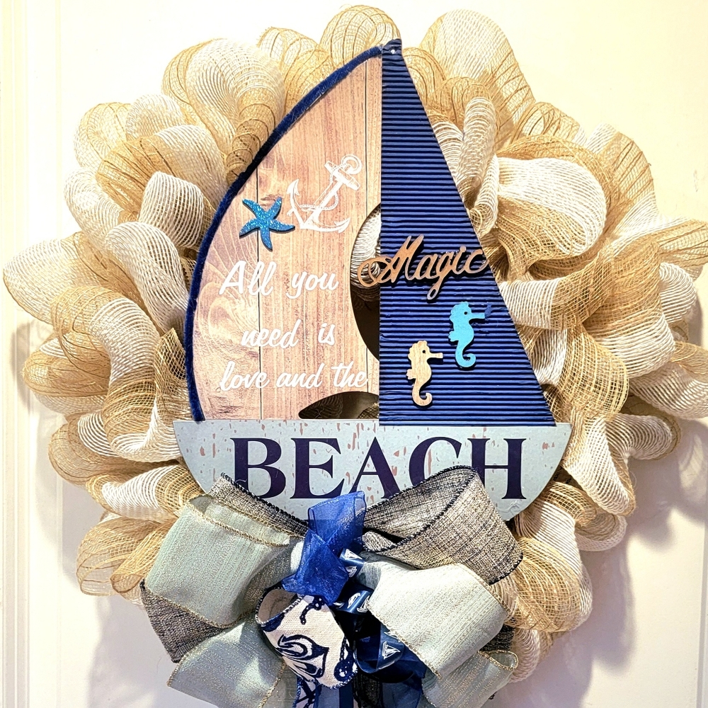 Beach Love Wreath Sailboat Deco Mesh Coastal Navy Teal Anniversary Birthday